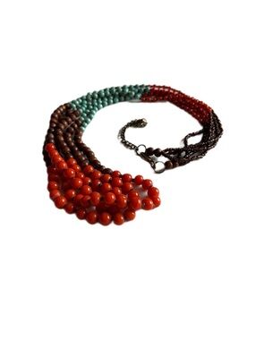 Hannah Bohemian-Indie Multi-color Bright Burnt Sienna, Wood, Aquamarine Necklace